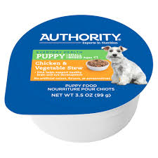 A new wet dog food recipe featuring real beef and hearty inclusions. Authority Small Breed Stew Wet Puppy Food Dog Canned Food Petsmart