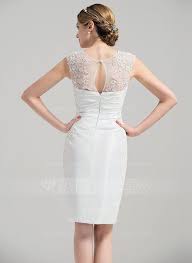 Us 169 00 Sheath Column Illusion Knee Length Satin Wedding Dress With Ruffle Appliques Lace Jj S House Ruffle Wedding Dress Satin Wedding Dress Dresses