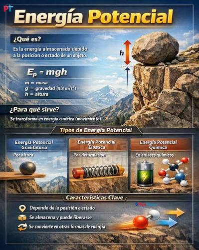 Sabías que un objeto puede tener energía… incluso sin moverse? La energía  potencial es la energía “almacenada” que tiene un cuerpo por su posición o  estado. Por ejemplo, una roca en lo