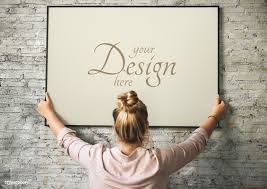 Download Download Premium Psd Of Blonde Girl Hanging A Frame Mockup 580847 Frame Mockups White Photo Frames Blonde Girl