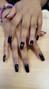 Coffin Shaped Black And Grey Acrylic Nails Coffin Shape Acrylic Nail With Swarovski Stone Designs Coffinnails Coffin Acrylic Acrylicn Acrylic Nail Shapes Square Acrylic Nails Coffin Shape Nails