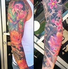 Japanese Style Sleeve Tattoo Geisha Lotus Koi Cherry Blossom Floral Tattoo Sleeve Sleeve Tattoos Arm Tattoo