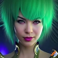 Lady palutena, queen of angel land with green hair and fairy wings