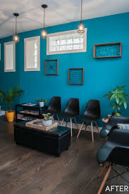 Hair Salon Waiting Area Bold Teal Accent Wall And Black Eiffel Chairs Teal Accent Walls Salon Waiting Area Waiting Area