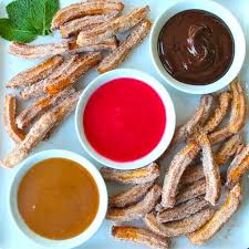 Mini Churros With A Trio Of Dipping Sauces Specialty Foods Dipping Sauce Mexican Food Recipes