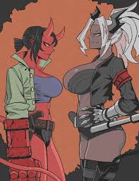 byunsang, hellboy, judgement (helltaker), hellboy (comic), helltaker,  highres, 2girls, bra, breasts, colored skin, crop top, cropped jacket,  genderswap, genderswap (mtf), gun, horns, jacket, large breasts, multiple  girls, red skin, shorts, tail, underwear,