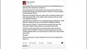 Itulah pemahaman tentang asbabun nuzul surat al maidah ayat 51 dari yang sudah dijelaskan oleh abul fida' ismail bin umar bin katsir di dalam kitabnya. Viral Soal Al Maidah Ayat 51 Ade Tantang Saling Melaknat Meminta Azab Sepekan Ke Depan Tribun Jogja