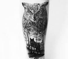 Owl And Wolf Tattoo By Sergey Hoff Post 26872 In 2021 Wolf Tattoo Sleeve Realistic Owl Tattoo Owl Tattoo Drawings