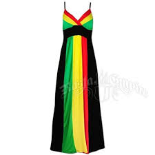 This Long A Line V Neck Rasta And Reggae Dress Has Spaghetti Straps And Soft Padded Cups The Bust Is Striped Red Yell Reggae Dress Rasta Dress Jamaican Dress