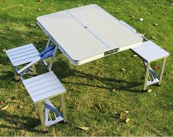Outdoor Portable Folding Integrated Tables Chairs Aluminum Combination Picnic Barbecue Desk Chair Set Outdoor T Folding Picnic Table Camping Table Picnic Table