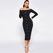 Elegant Solid Off Shoulder Button Front Long Sleeve Bodycon Pencil Dress Ribbed Dresses Long Sleeve Bodycon Bodycon Dress