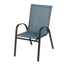 Hampton Bay Mix And Match Stackable Brown Steel Sling Outdoor Patio Dining Chair In Denim Fcs00015j Lblue The Home Depot