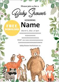 Invitations, chocolate bar wrappers, water bottle labels, birthday banner and more! Free Printable Woodland Baby Shower Invitations Online