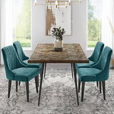 The comfortable seats are upholstered. Arno Herringbone Dining Table With 4 Penelope Teal Blue Velvet Dining Chairs Furniture123