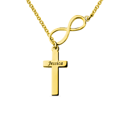 The shape of a sideways figure eight has a long pedigree; Infinity Symbol Cross Name Necklace 18k Gold Plated