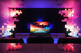 Finally Finished My Media Room Hue Sync Lights Nanoleaf Screen Mirror Heaven Hue Room Setup Nanoleaf Lights Game Room Design