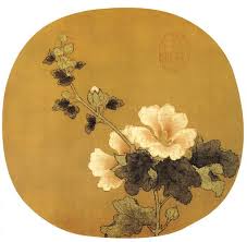 芙蓉图 宋佚名台北故宫博物院藏此图绘芙蓉花 木棉花 一枝 淡红色晕染 花下衬以绿叶 画家用俯视特写的手法 描绘出芙蓉花 怒放的妩媚清新之外貌和含苞待放的韵味 全图笔法精工 设色清新淡雅 不见笔墨勾痕 是南宋院体画中的精品 本 gold leaf art chinese painting