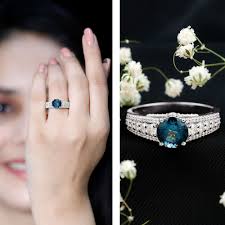 8 MM Round London Blue Topaz and Moissanite Statement Engagement Ring