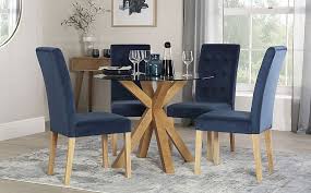 High gloss dark blue paint dining room reveal thou swell. Hatton Round Oak And Glass Dining Table With 4 Regent Blue Velvet Chairs Furniture And Choice