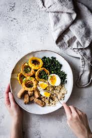 Fall Brown Rice Veggie Bowls With Crispy Tofu Roasted Squash And Miso Butter Recipe Crispy Tofu Veggie Bowl Miso Butter