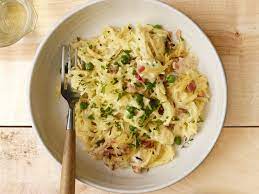 Spaghetti Squash Alfredo With Pancetta And Peas Recipe Food Network Recipes Squash Recipes Recipes