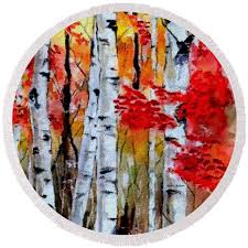 Birch Trees In Fall Paintings Birch Trees In Fall Round Beach Towel For Sale By Rafael Salazar Fall Tree Painting Birch Tree Art Fall Canvas