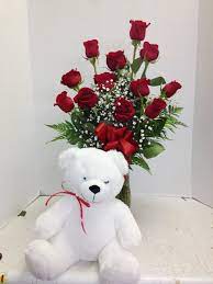 Say I Love You With A Dozen Red Roses And A Sweet Teddy Bear From Roadrunner Florist Basket Express P Valentines Flowers Happy Birthday Flower Flower Delivery