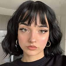 Credit chic straight bob hairstyles with purple tones on black hair. Amazon Com Missqueen Short Wavy Black Wig With Bangs Short Black Bob Wigs For Women Wavy Bob Wig With Bangs Synthetic Natural Looking Heat Resistant Fiber Wigs Beauty
