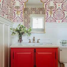 The bathroom is associated with the weekday morning rush, but it doesn't have to be. Blood Red Bath Vanity Design Ideas