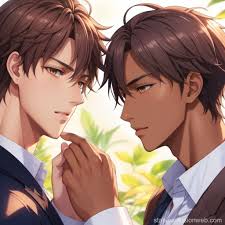 well built man with brown hair and striking features he is caressing the  cheek of a black man with delicate features Prompts