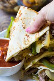 Quick and easy steak quesadillas ~ easily gluten free thin steak meat (example: Philly Cheese Steak Quesadillas Spicy Southern Kitchen