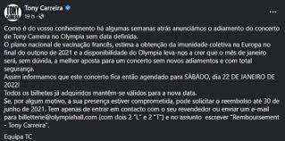 Jun 23, 2021 · o cantor tinha concerto marcado para o próximo mês de julho, dia 23, no casino estoril. E Oficial Concerto De Tony Carreira No Olympia Acontece Em Janeiro De 2022