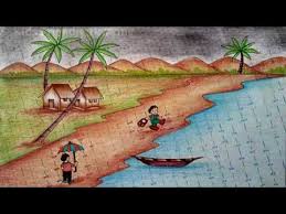 How To Draw A Scenery Of Rainy Season Step By Step Rainy Season Drawing Youtube Rainy Day Drawing Beach Scene Painting Oil Pastel Drawings