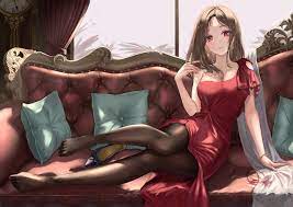 Photos Pantyhose Brown haired Anime Girls Legs Sofa Hands Sitting