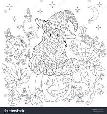 Halloween Coloring Page Cat In A Hat Halloween Pumpkin Spider Web Lanterns With Candles Moon Halloween Coloring Halloween Coloring Pages Cat Coloring Page