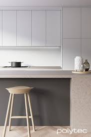 Shaker style doors are popular in a range of kitchen designs. Doors And Panels In Mink Ultramatt And White Ultramatt Warm Grey Kitchen Stone Benchtop Kitchen White Modern Kitchen