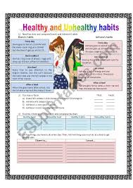 healthy habits chart and unhealthy esl worksheet by adalver