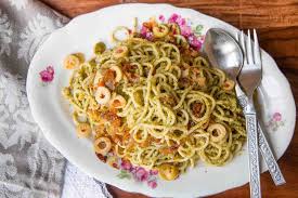 Spaghetti Pasta In Green Olive Pesto Sauce Recipe Recipe Olive Pesto Pesto Sauce Recipe Pesto Sauce