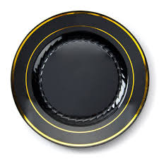 Black And Gold Plastic Plates Fineline Silver Splendor 510 Bkg 10 Black Customizable Plastic Plate With Gold Bands 120 Case Black Plastic Plates Elegant Plastic Plates Plastic Plates