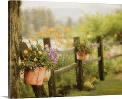 How to paint flowers on a wooden fence. Rustic Wooden Fence With Flowers In Clay Pots Hanging On Posts Wall Art Canvas Prints Framed Prints Wall Peels Great Big Canvas