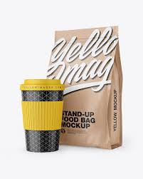Kraft Stand Up Bag With Coffee Cup Mockup In Bag Sack Mockups On Yellow Images Object Mockups