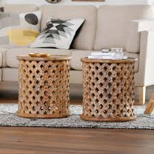 Round dark gray barrel wood byron outdoor patio coffee table: World Market Round Lattice Carved Wood Accent Table Lazysuzy