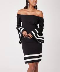 Simmly Black White Stripe Flare Sleeve Off Shoulder Dress Women Zulily Off Shoulder Fashion Flared Sleeves Off Shoulder Dress