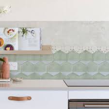 I am trying to look for backsplash for mykitchen and confused if i have to go with 4*4 travertine stone with ascent wall with 1*1 glass stones or should i completely put 1*1 glass stones. Green Hexagon Kitchen Backsplash Designer Wallpaper By Lime Lace Notonthehighstreet Com