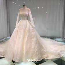 Kleider hochzeit lila hochzeit prinzessin kleid hochzeit brautkleid designer hochzeit schöne. Luxus Herrlich Champagner Durchsichtige Brautkleider Hochzeitskleider 2019 Prinzessin Rundhalsausschnitt Lange Armel Ruckenfreies Applikationen Spitze Perle Perlenstickerei