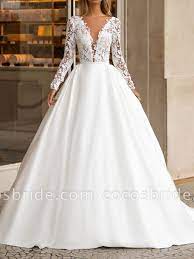 A Line Wedding Dresses V Neck Floor Length Polyester Long Sleeve Formal Plus Size Illusion Sleeve Lace Bridal Gown Long Sleeve Wedding Gowns Top Wedding Dresses