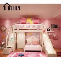 Perabotan Kamar Anak Kayu Penyimpanan Kabinet Tangga Tempat Tidur Bunk  Perempuan Pink Tempat Tidur Loft dengan Seluncur