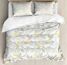 Minimalism stylish bedding sets add much simple and elegant into home, the duvet cover sets is chic geometric pattern, white yellow blue and green printed the picture of this elegant quilt set is above to see. Grey And Yellow Duvet Cover Set Abstract Tree Branches With Leaves Birds And Dots Spring Nature Decorative Bedding Set With Pillow Shams Grey Yellow White By Ambesonne Walmart Com Walmart Com