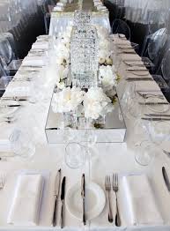 White On White Wedding Tablescape Crystal Rectangle Table Chandeliers On Mirror Box Table Runners
