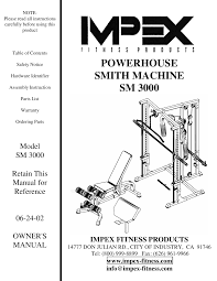 Impex Fitness Sm 3000 Owners Manual Parts List
